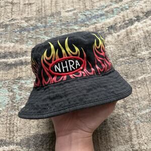 Men's Vintage Y2K NHRA Black Flames Drag Racing Reversible Racing Bucket Hat Cap